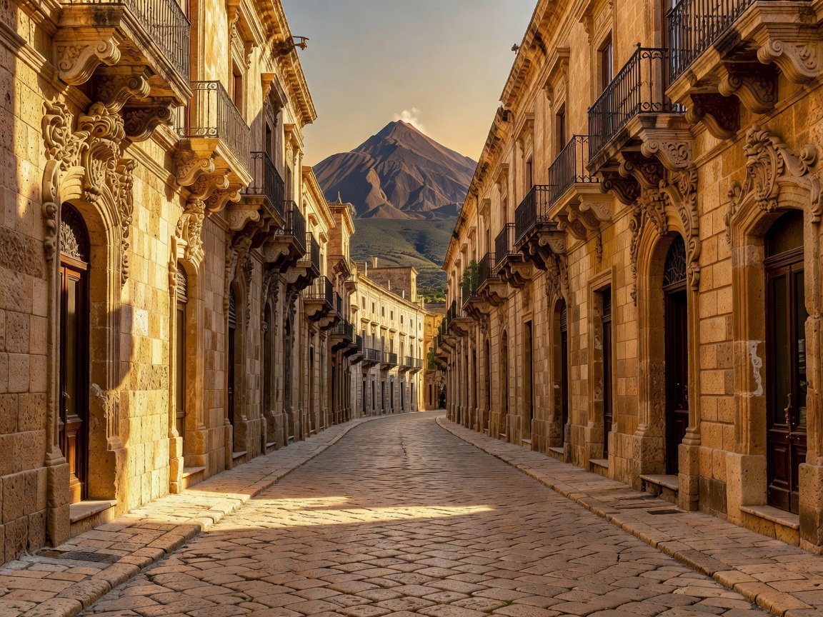 A baroque Sicilian street of honey-coloured stone with a volcano on the skyline