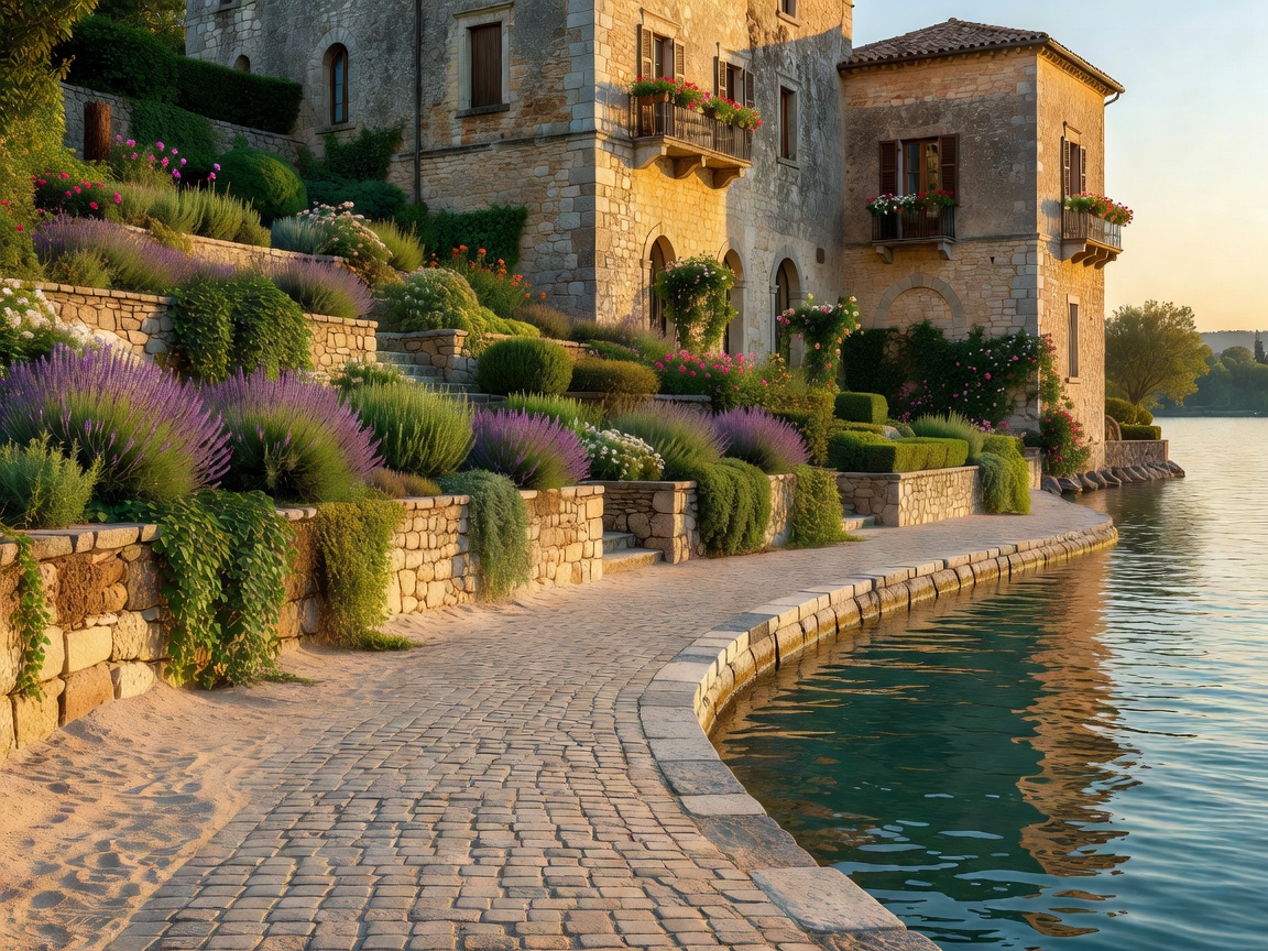A lakeside promenade with terraced gardens and villa walls above the water