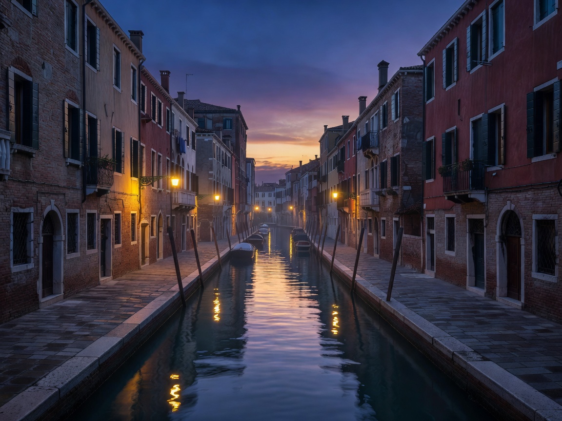 A narrow Venetian canal at dusk with lamplight reflected in the water