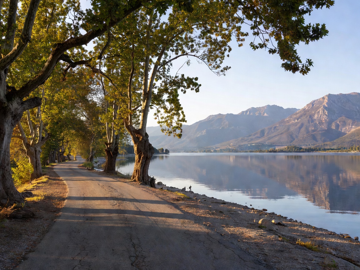 A quiet western lakeshore road with plane trees and mountains beyond