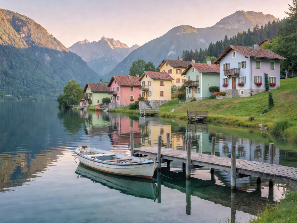 A small ferry jetty below pastel lakeside houses on a mountain-ringed lake
