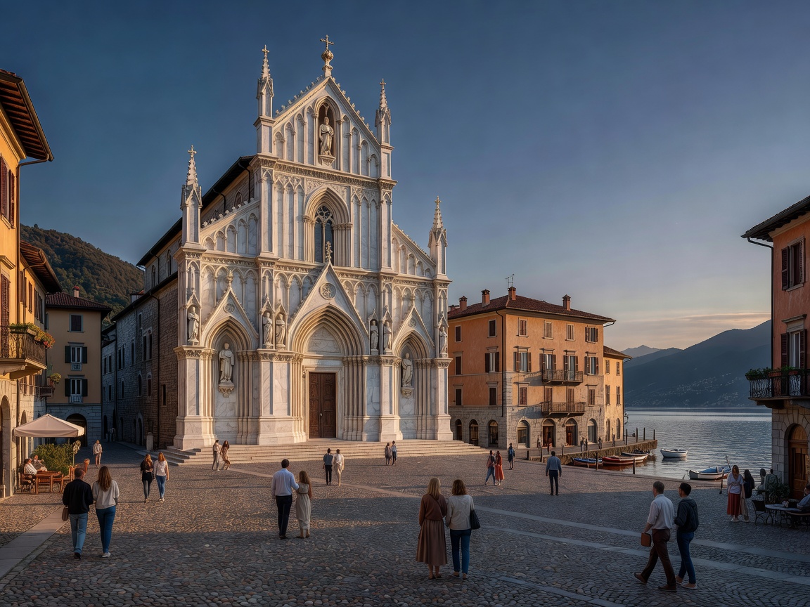 An evening square in a northern Italian lake town with a marble cathedral facade