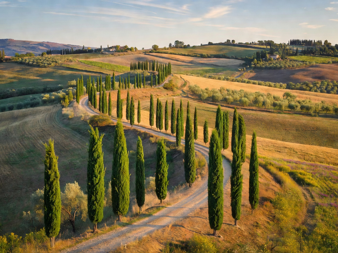 Cypress trees lining a ridge road through rolling Tuscan farmland