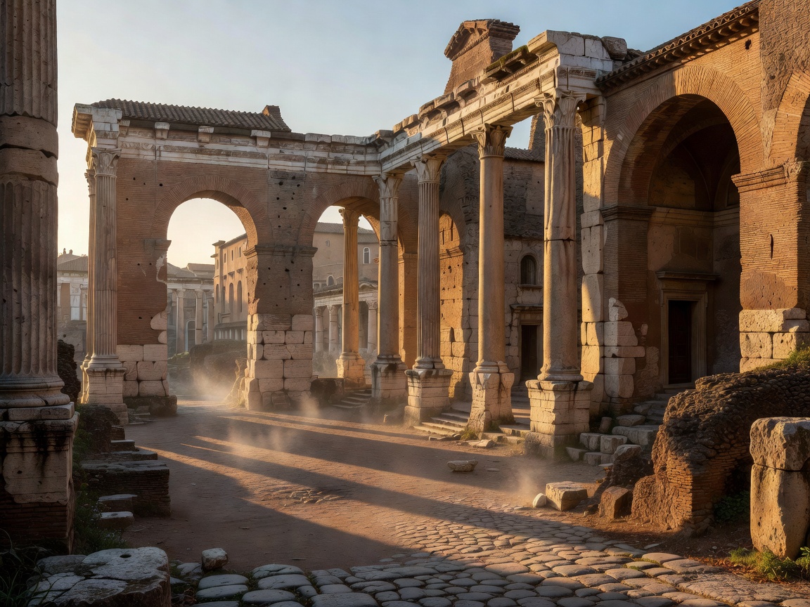 Warm morning light falling across the columns and arches of ancient Rome